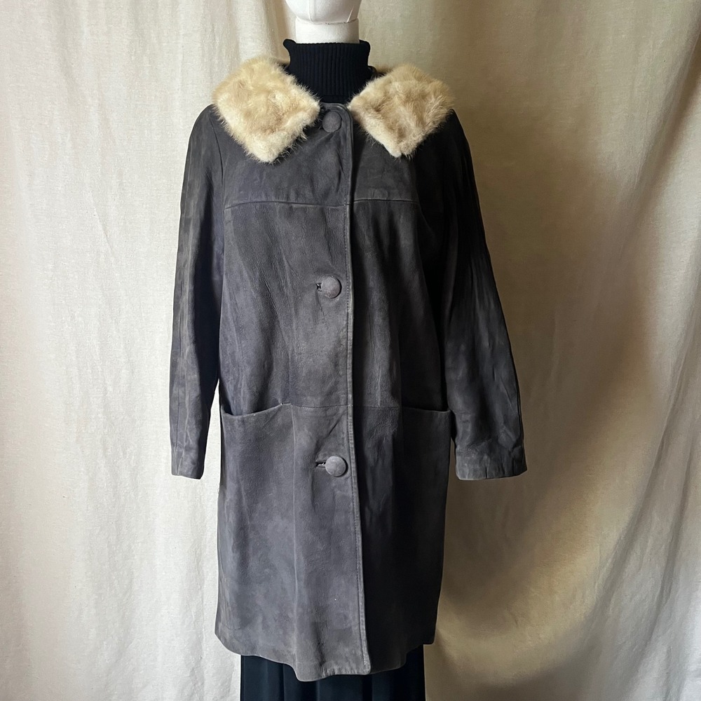 Vintage Gray Suede Leather Coat Fur Collar Women's S/M Mod 1960s 1970s